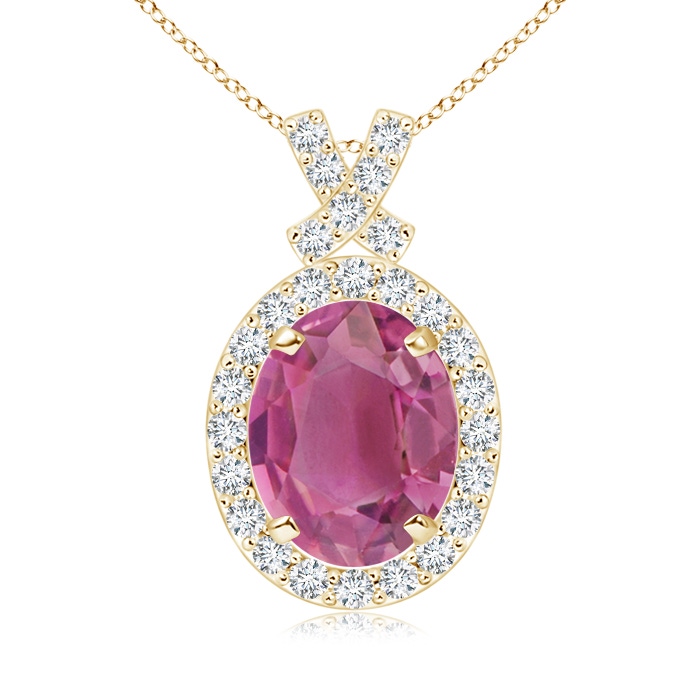 9x7mm AAA Vintage Style Pink Tourmaline Pendant with Diamond Halo in Yellow Gold 