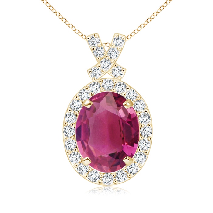 9x7mm AAAA Vintage Style Pink Tourmaline Pendant with Diamond Halo in Yellow Gold 