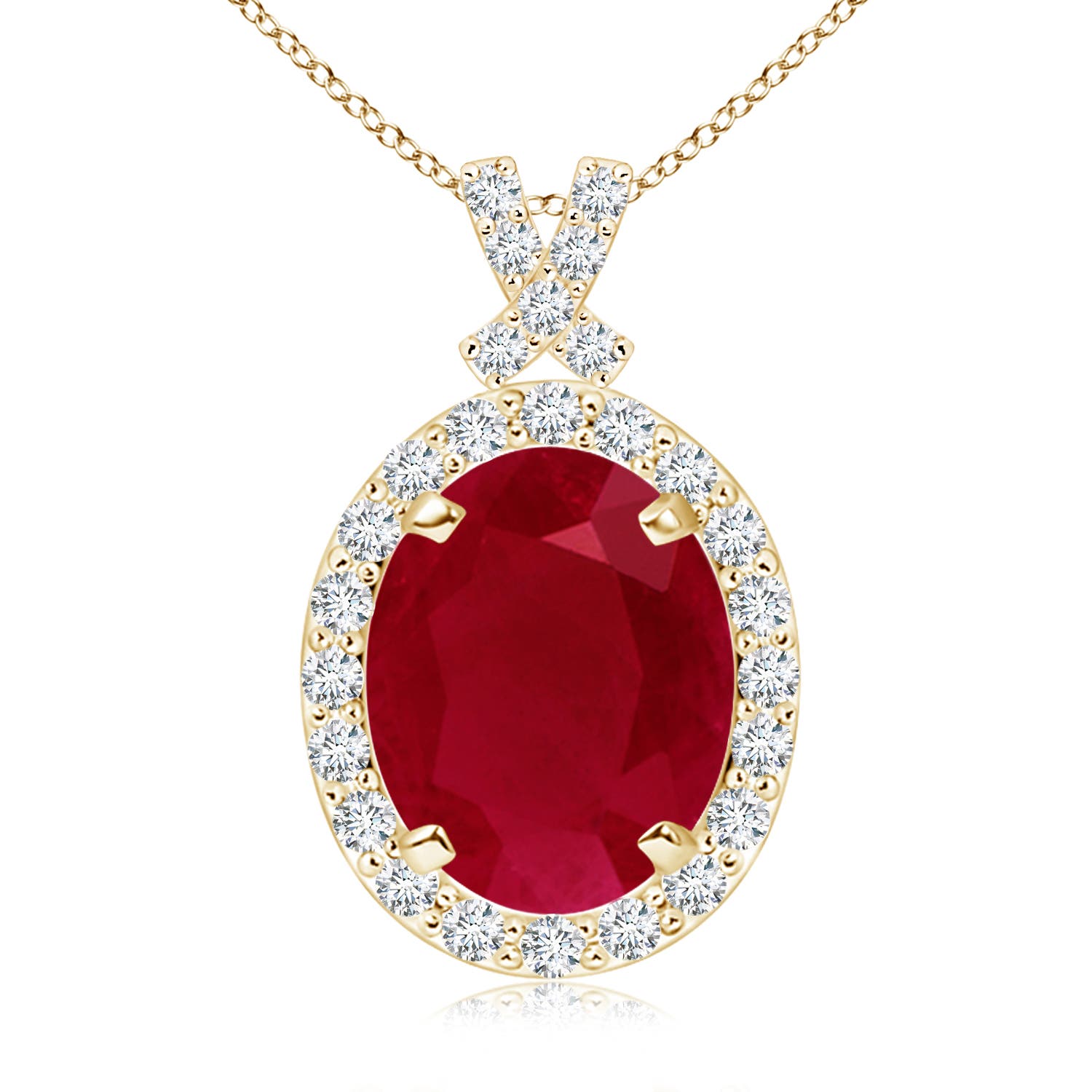10x8mm AA Vintage Style Ruby Pendant with Diamond Halo in Yellow Gold
