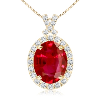 10x8mm AAA Vintage Style Ruby Pendant with Diamond Halo in Yellow Gold