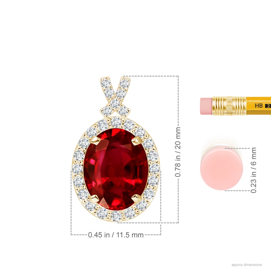 10x8mm AAAA Vintage Style Ruby Pendant with Diamond Halo in Yellow Gold ruler