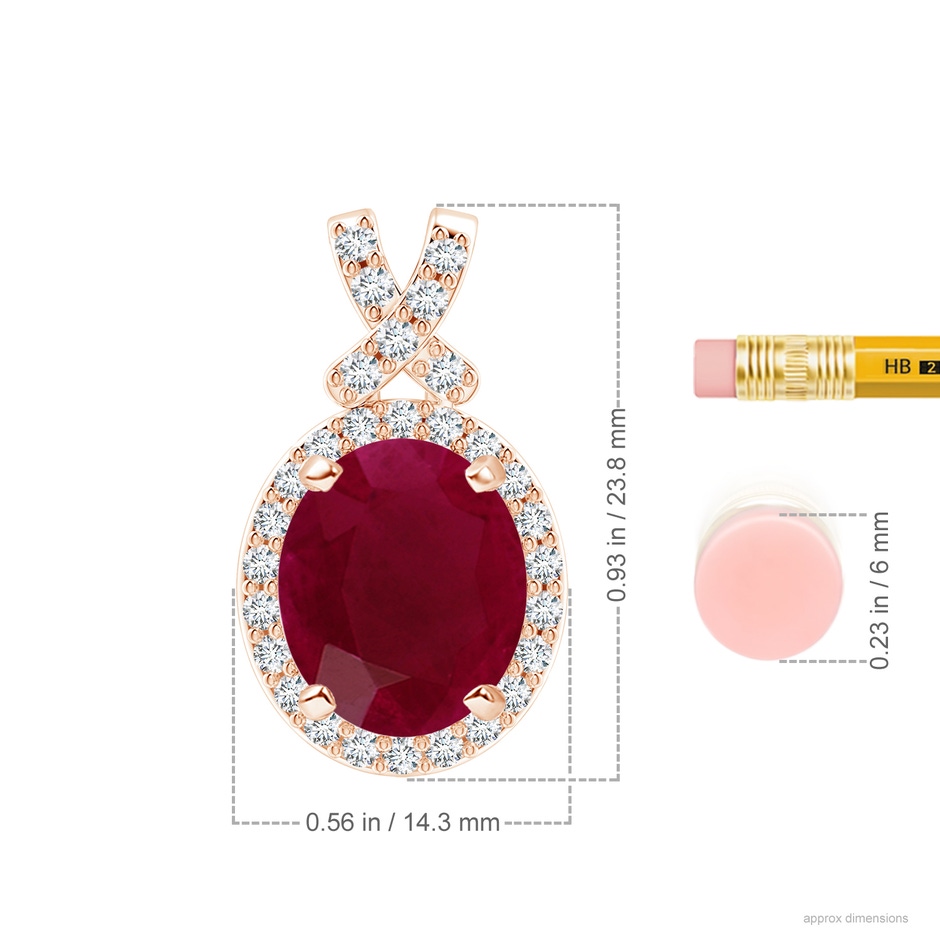 12x10mm A Vintage Style Ruby Pendant with Diamond Halo in 18K Rose Gold ruler