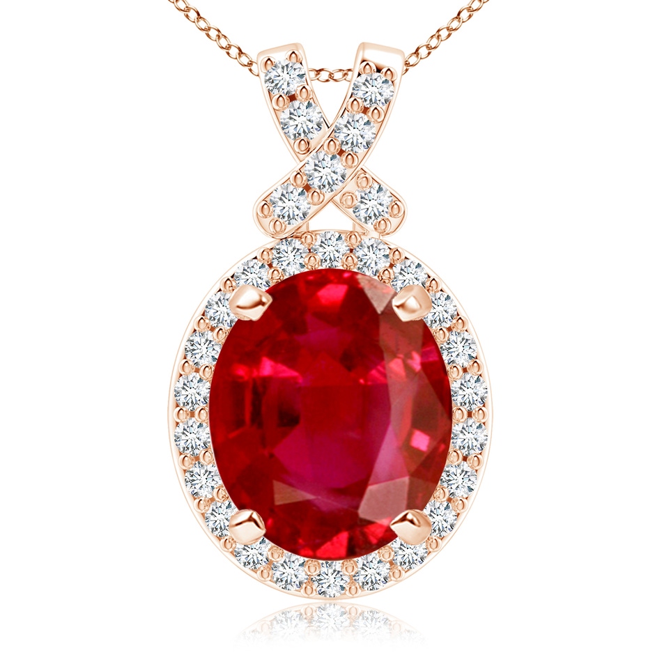 12x10mm AAA Vintage Style Ruby Pendant with Diamond Halo in 18K Rose Gold 