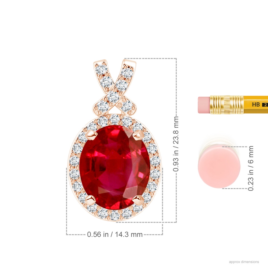 12x10mm AAA Vintage Style Ruby Pendant with Diamond Halo in 18K Rose Gold ruler