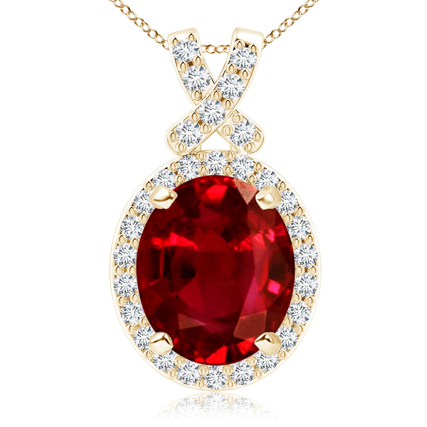 12x10mm AAAA Vintage Style Ruby Pendant with Diamond Halo in Yellow Gold