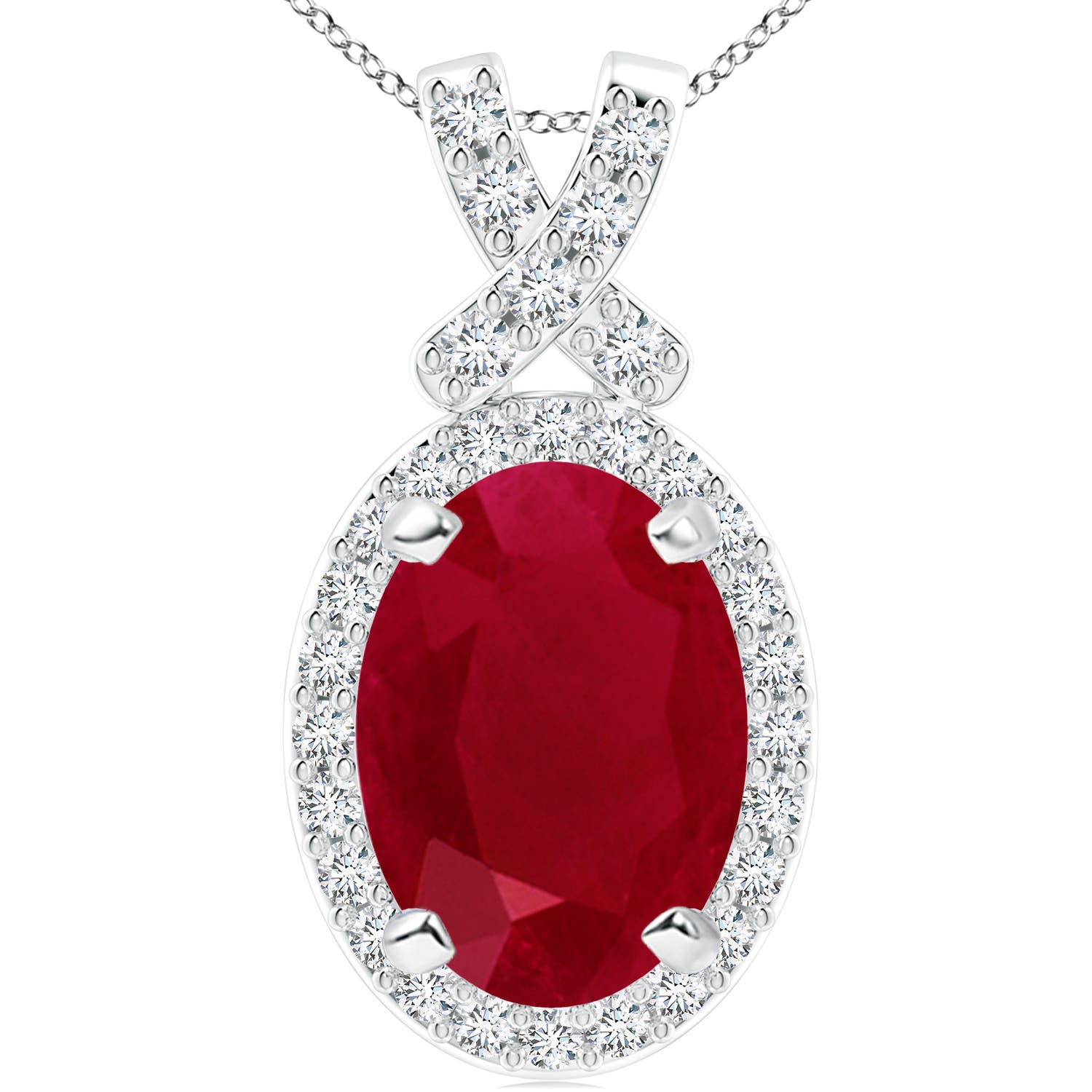 Angara 7.96 CTW Vintage Style Ruby Pendant with Diamond Halo in 18K White Gold
