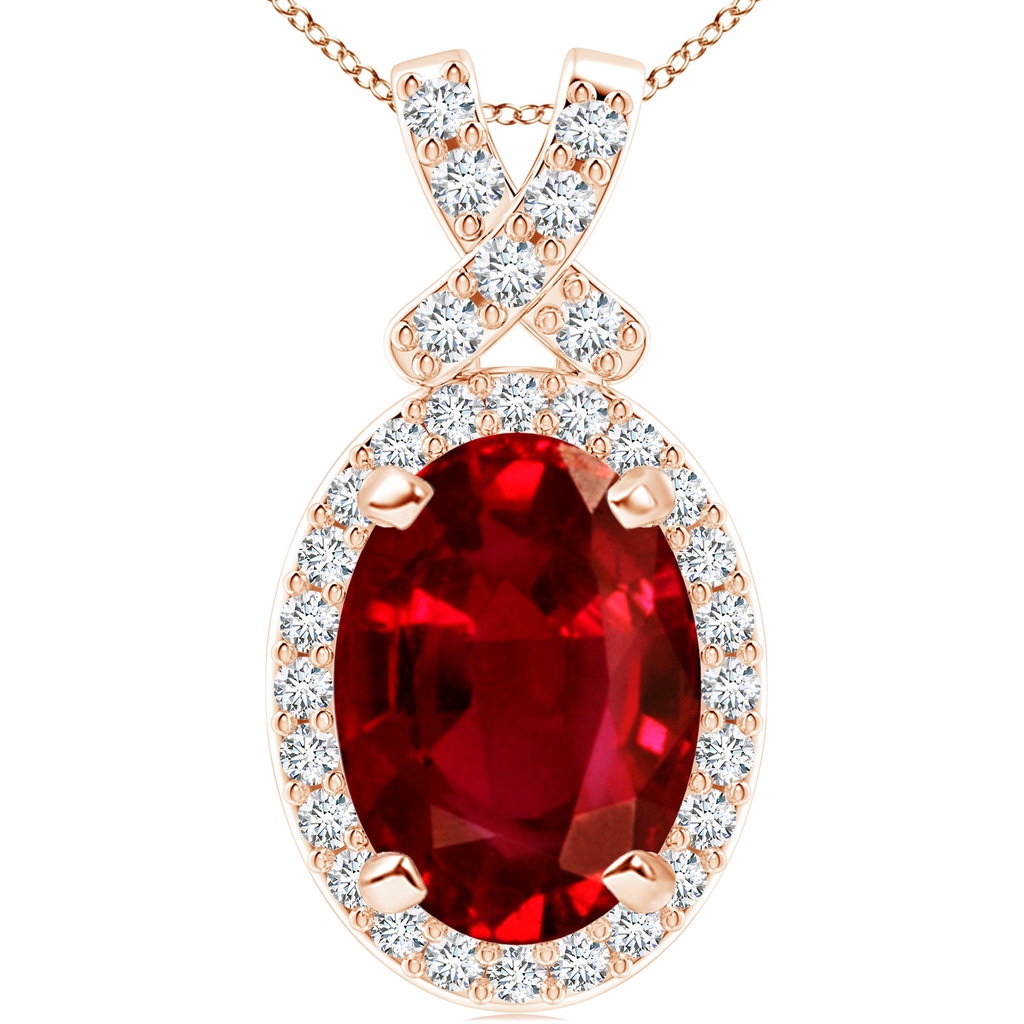 14x10mm AAAA Vintage Style Ruby Pendant with Diamond Halo in Rose Gold