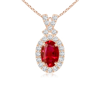 6x4mm AAA Vintage Style Ruby Pendant with Diamond Halo in 9K Rose Gold