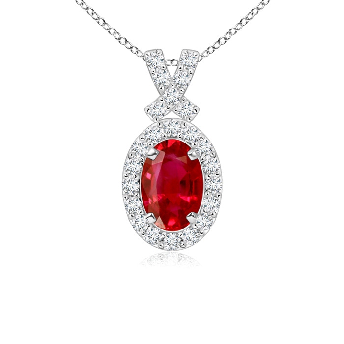 6x4mm AAA Vintage Style Ruby Pendant with Diamond Halo in White Gold 