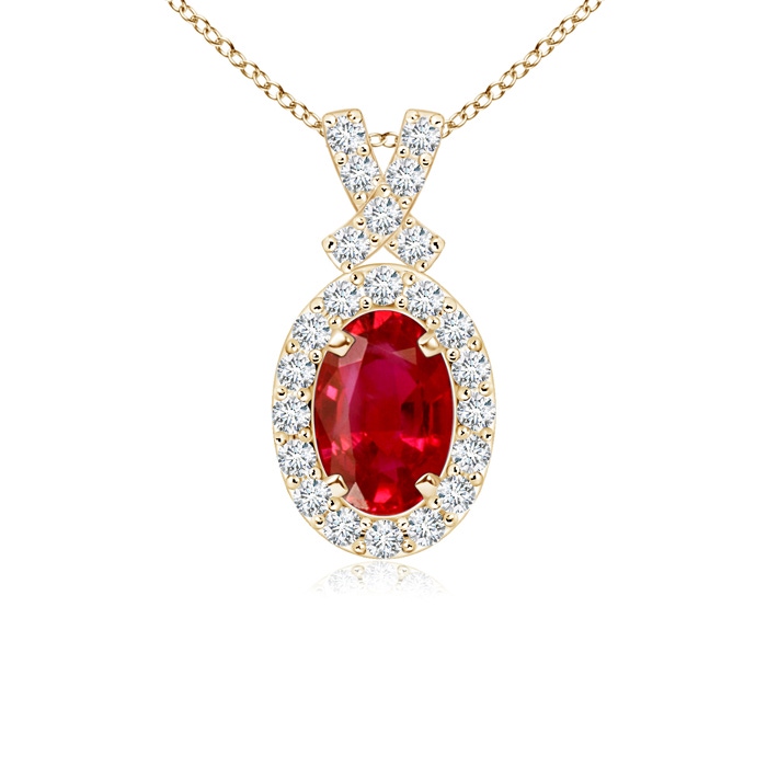 6x4mm AAA Vintage Style Ruby Pendant with Diamond Halo in Yellow Gold 