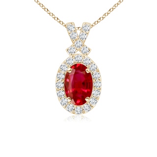 6x4mm AAA Vintage Style Ruby Pendant with Diamond Halo in Yellow Gold