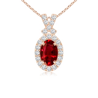 6x4mm AAAA Vintage Style Ruby Pendant with Diamond Halo in 9K Rose Gold