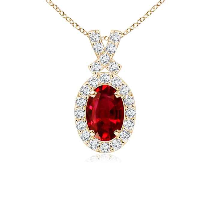 6x4mm AAAA Vintage Style Ruby Pendant with Diamond Halo in Yellow Gold