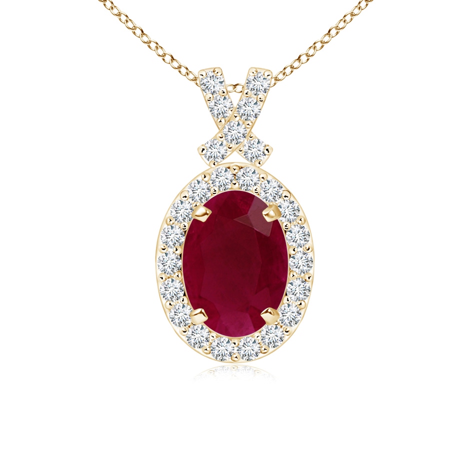 7x5mm A Vintage Style Ruby Pendant with Diamond Halo in Yellow Gold 