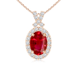 7x5mm AAA Vintage Style Ruby Pendant with Diamond Halo in Rose Gold