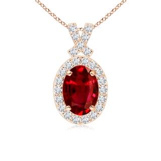 7x5mm AAAA Vintage Style Ruby Pendant with Diamond Halo in 9K Rose Gold