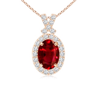 7x5mm AAAA Vintage Style Ruby Pendant with Diamond Halo in Rose Gold