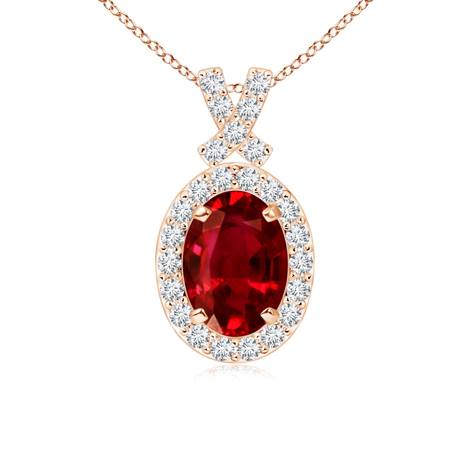 7x5mm AAAA Vintage Style Ruby Pendant with Diamond Halo in Rose Gold 