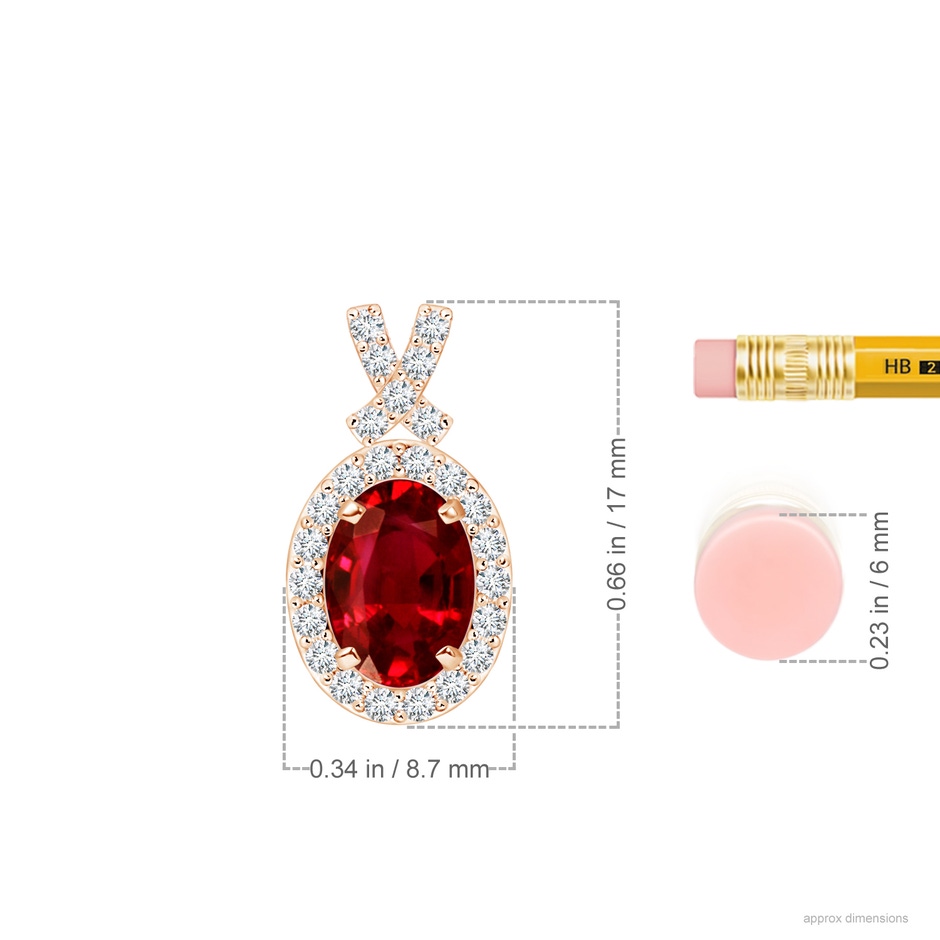 7x5mm AAAA Vintage Style Ruby Pendant with Diamond Halo in Rose Gold ruler