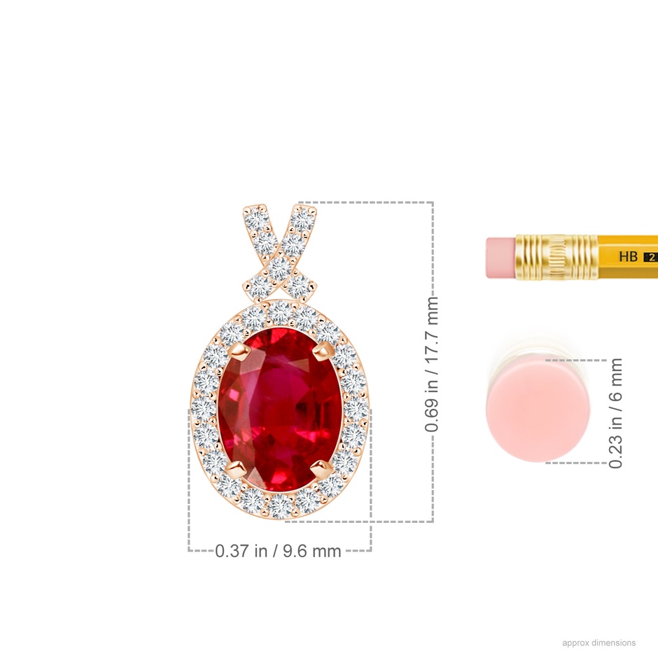 8x6mm AAA Vintage Style Ruby Pendant with Diamond Halo in Rose Gold ruler