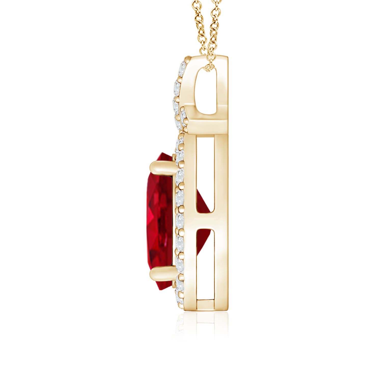 8x6mm AAA Vintage Style Ruby Pendant with Diamond Halo in Yellow Gold