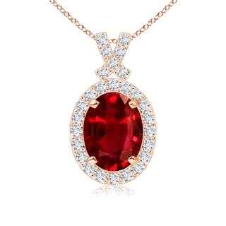 8x6mm AAAA Vintage Style Ruby Pendant with Diamond Halo in 9K Rose Gold