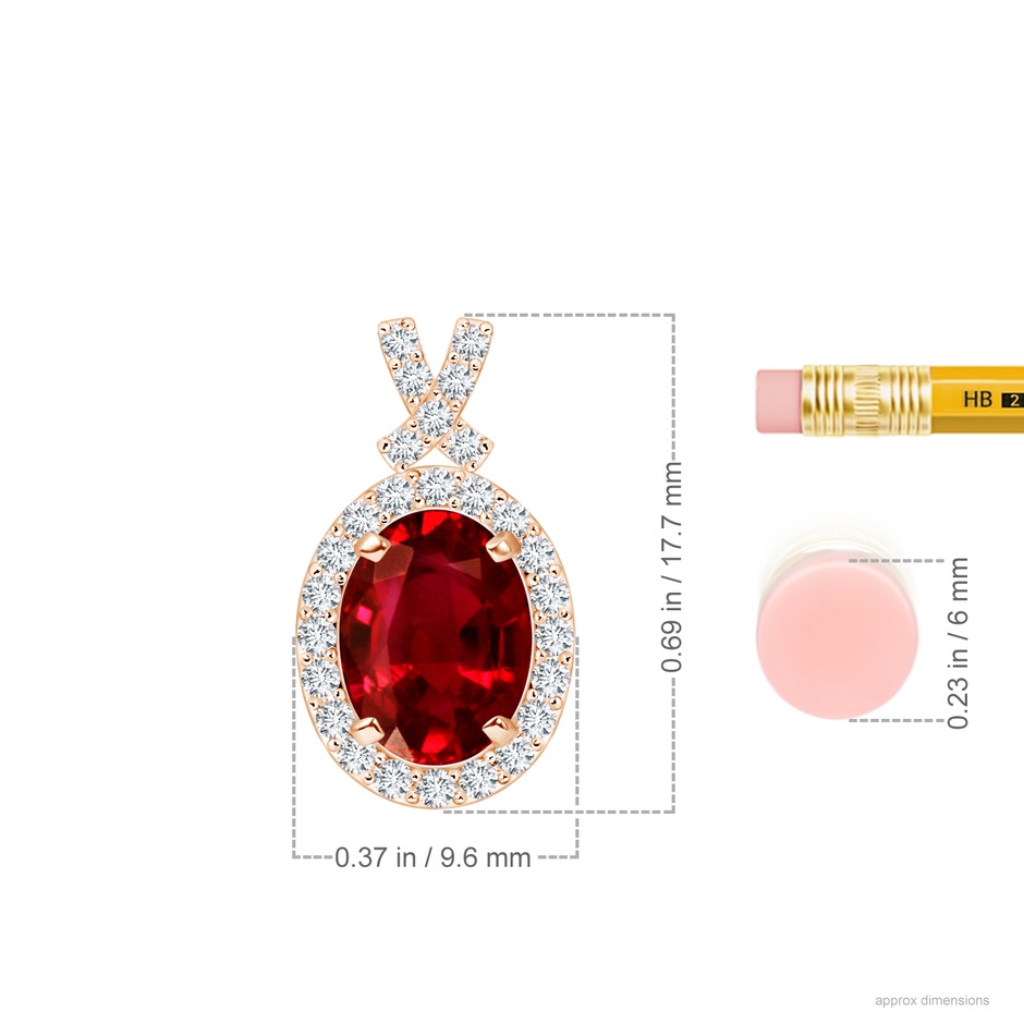 8x6mm AAAA Vintage Style Ruby Pendant with Diamond Halo in Rose Gold ruler