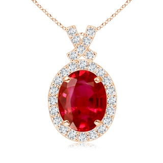 9x7mm AAA Vintage Style Ruby Pendant with Diamond Halo in Rose Gold