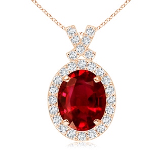 9x7mm AAAA Vintage Style Ruby Pendant with Diamond Halo in 9K Rose Gold