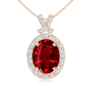 9x7mm AAAA Vintage Style Ruby Pendant with Diamond Halo in Rose Gold