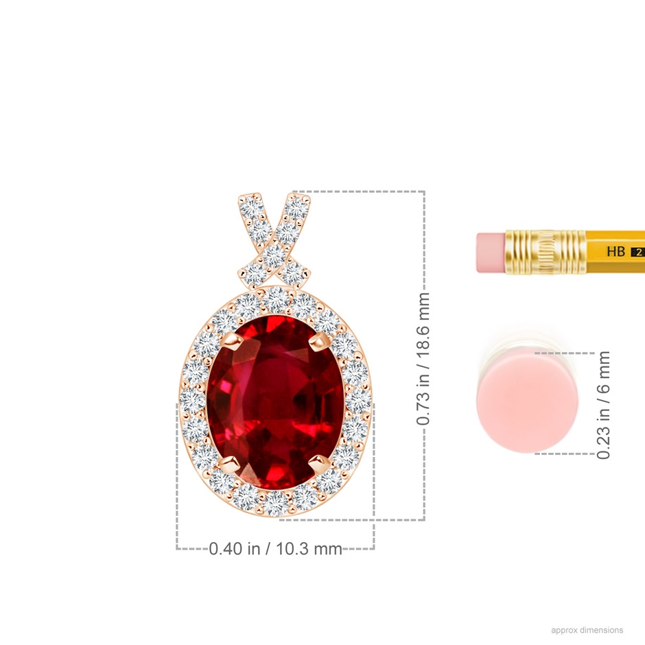 9x7mm AAAA Vintage Style Ruby Pendant with Diamond Halo in Rose Gold ruler