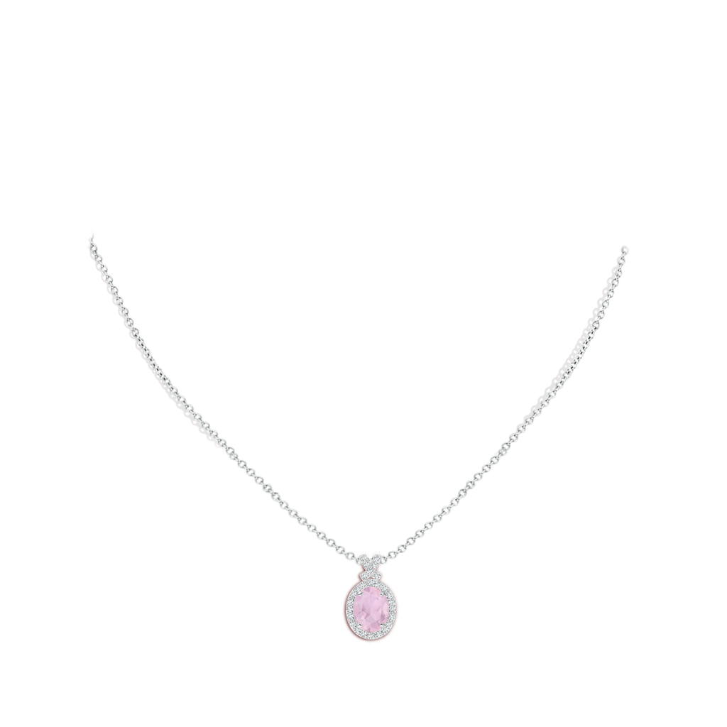 9x7mm AAA Vintage Style Rose Quartz Pendant with Diamond Halo in White Gold Body-Neck