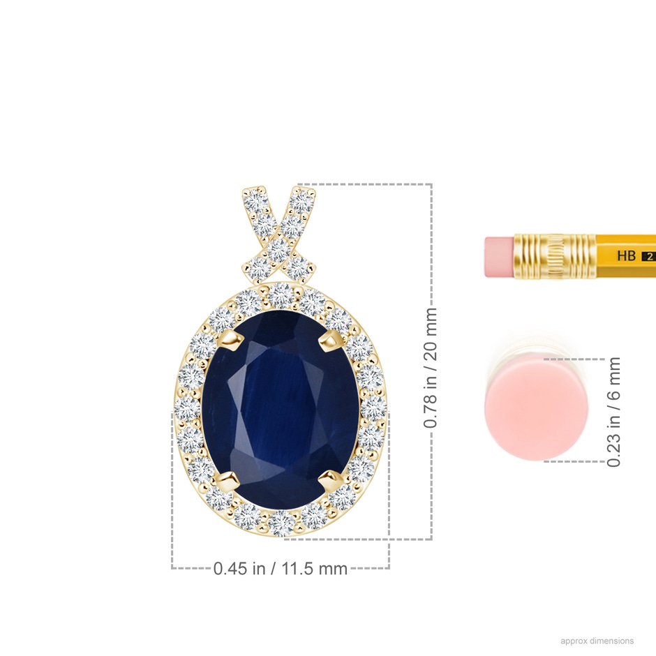 10x8mm A Vintage Style Sapphire Pendant with Diamond Halo in Yellow Gold ruler