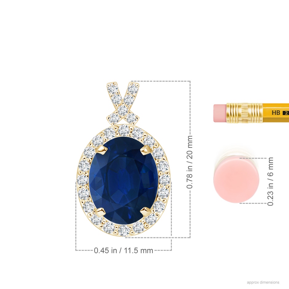 10x8mm AA Vintage Style Sapphire Pendant with Diamond Halo in Yellow Gold ruler