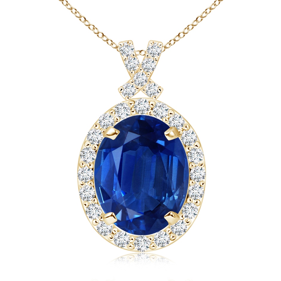10x8mm AAA Vintage Style Sapphire Pendant with Diamond Halo in Yellow Gold 