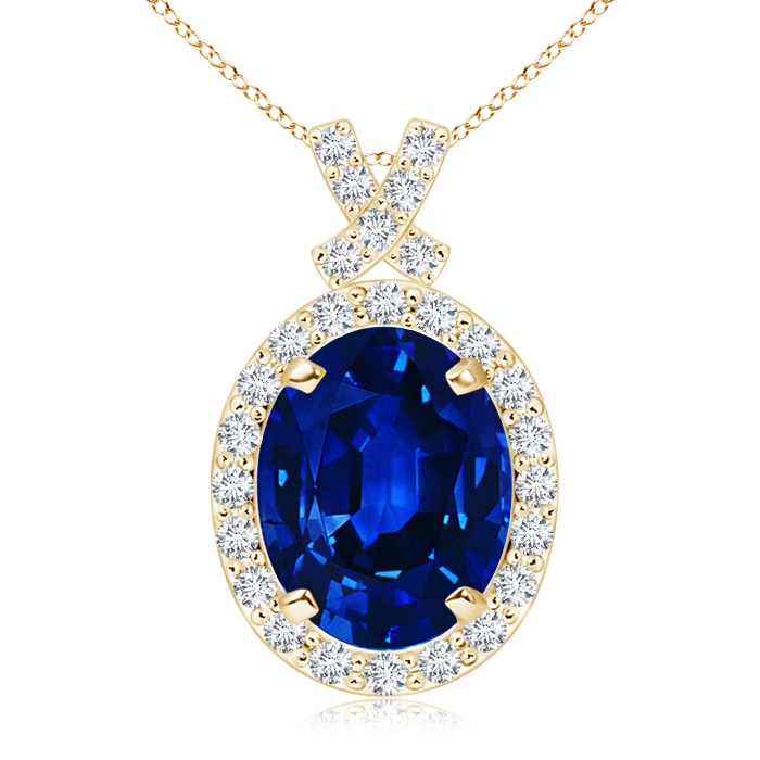10x8mm AAAA Vintage Style Sapphire Pendant with Diamond Halo in Yellow Gold