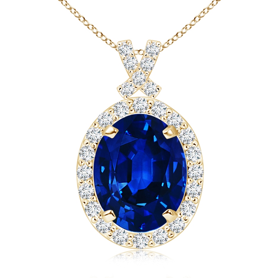 10x8mm AAAA Vintage Style Sapphire Pendant with Diamond Halo in Yellow Gold 