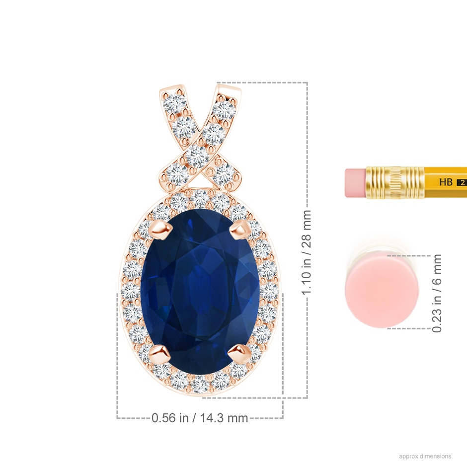 14x10mm AA Vintage Style Sapphire Pendant with Diamond Halo in Rose Gold ruler
