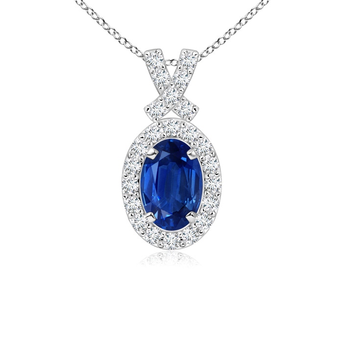 6x4mm AAA Vintage Style Sapphire Pendant with Diamond Halo in White Gold 