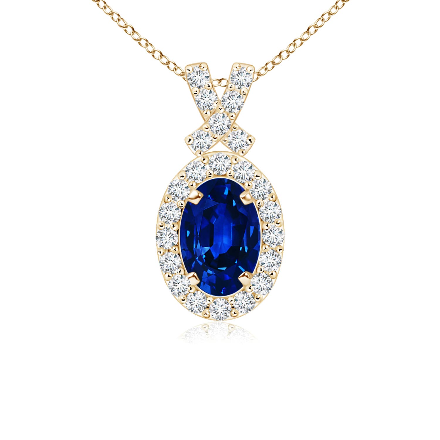 6x4mm AAAA Vintage Style Sapphire Pendant with Diamond Halo in 18K Yellow Gold