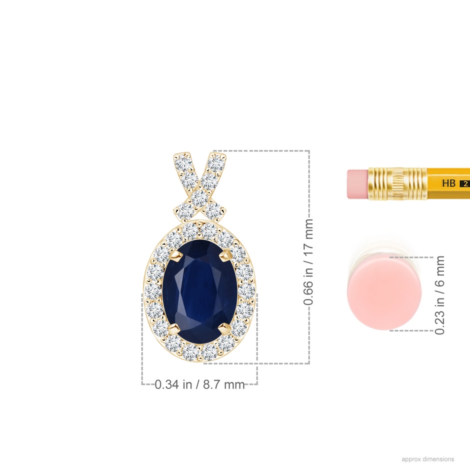 7x5mm A Vintage Style Sapphire Pendant with Diamond Halo in Yellow Gold ruler
