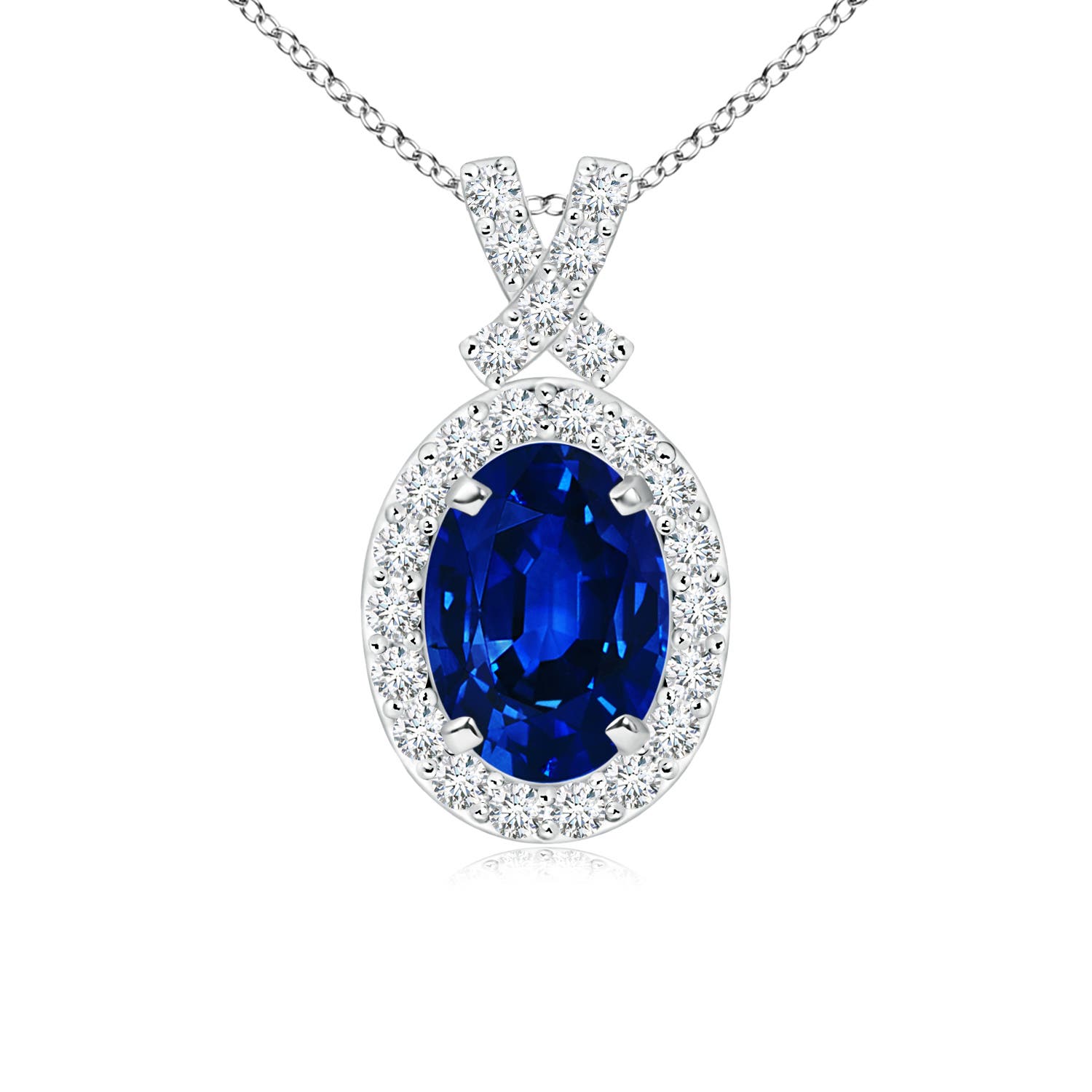 7x5mm AAAA Vintage Style Sapphire Pendant with Diamond Halo in 18K White Gold