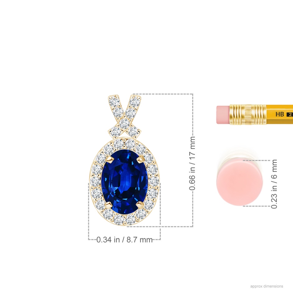 7x5mm AAAA Vintage Style Sapphire Pendant with Diamond Halo in Yellow Gold ruler