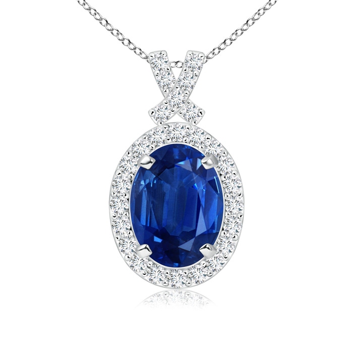 8x6mm AAA Vintage Style Sapphire Pendant with Diamond Halo in White Gold
