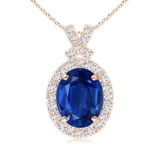 9x7mm AAA Vintage Style Sapphire Pendant with Diamond Halo in Rose Gold
