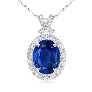 9x7mm AAA Vintage Style Sapphire Pendant with Diamond Halo in White Gold