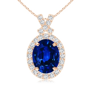 9x7mm AAAA Vintage Style Sapphire Pendant with Diamond Halo in Rose Gold