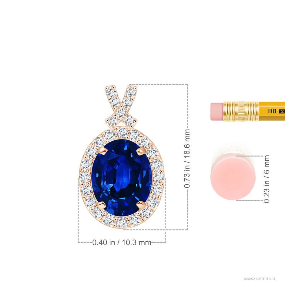 9x7mm AAAA Vintage Style Sapphire Pendant with Diamond Halo in Rose Gold ruler