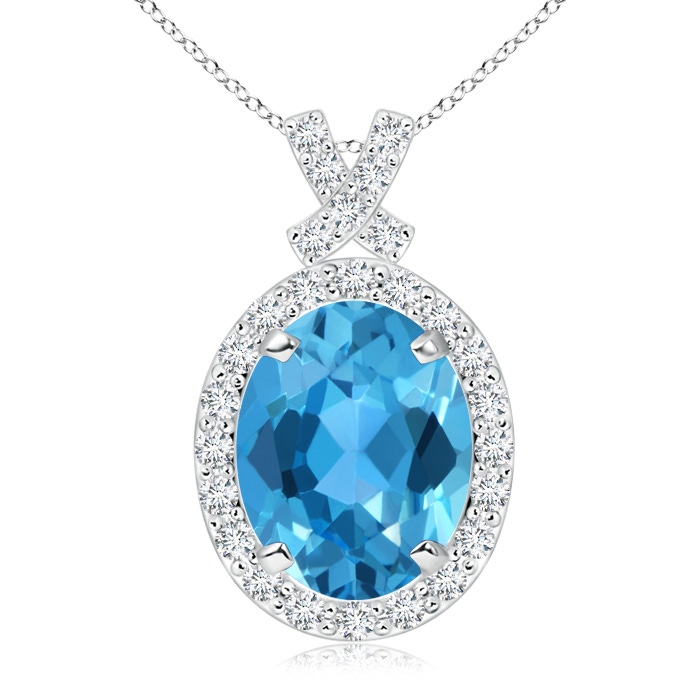 10x8mm AAA Vintage Style Swiss Blue Topaz Pendant with Diamond Halo in White Gold 
