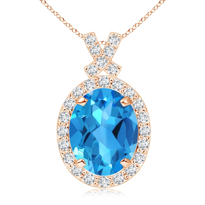 10x8mm AAAA Vintage Style Swiss Blue Topaz Pendant with Diamond Halo in Rose Gold